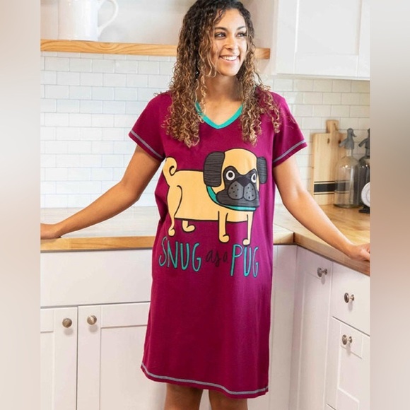 Lazy One Snug Pug Women's V-neck Nightshirt - Picture 2 of 5